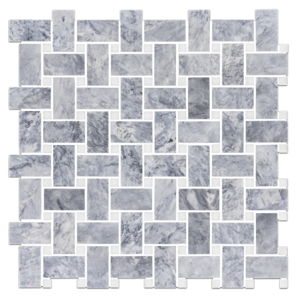 Pacific Gray Basketweave with 3/8" White Absolute Dot Mosaic Honed