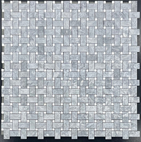 Pacific Gray Basketweave with 3/8" White Absolute Dot Mosaic Honed - Elon Tile & Stone