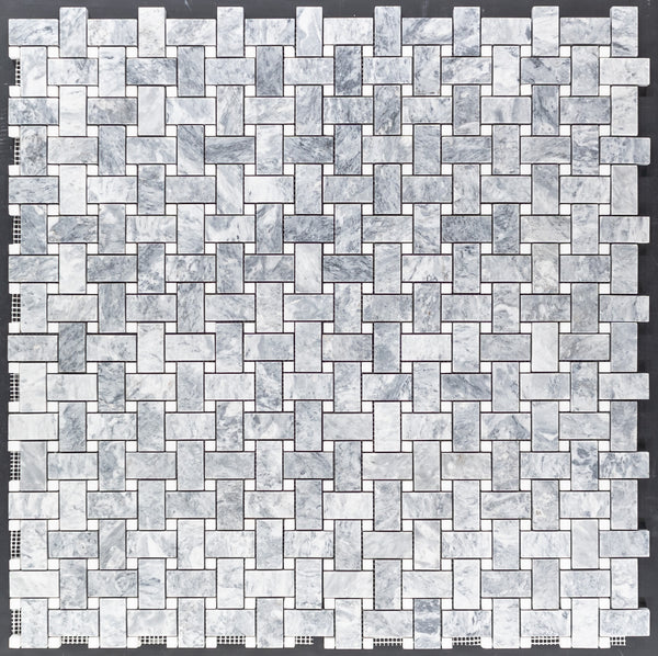 Pacific Gray Basketweave with 3/8" White Absolute Dot Mosaic Honed