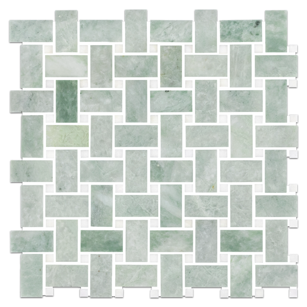 Ming Green Basketweave with 3/8" White Absolute Dot Mosaic Honed