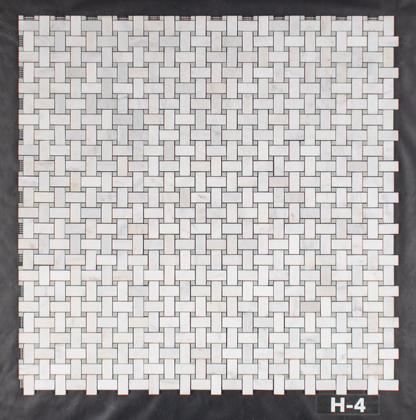 Pearl White Basketweave with 3/8" Emerald Green Dot Mosaic Honed