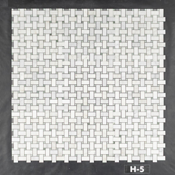 Pearl White Basketweave with 3/8" Emerald Green Dot Mosaic Honed