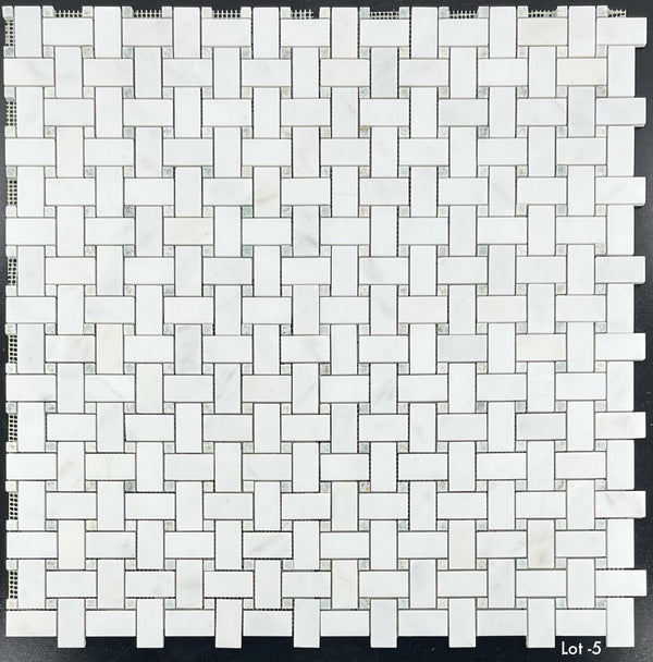 Pearl White Basketweave with 3/8" Ming Green Dot Mosaic Honed
