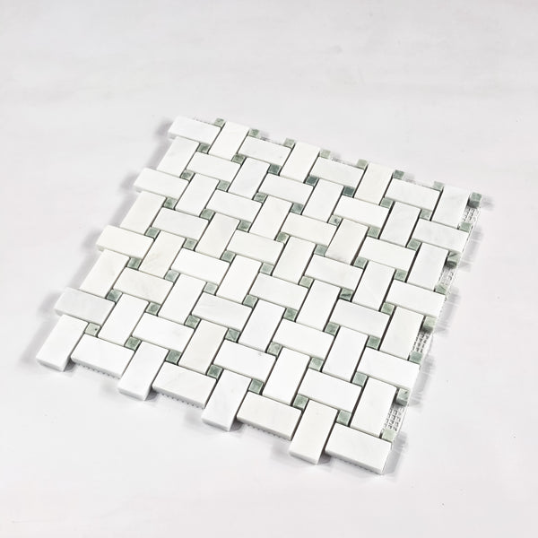 Pearl White Basketweave with 3/8" Emerald Green Dot Mosaic Honed - Elon Tile & Stone