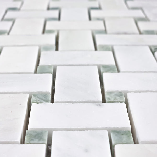 Pearl White Basketweave with 3/8" Emerald Green Dot Mosaic Honed - Elon Tile & Stone