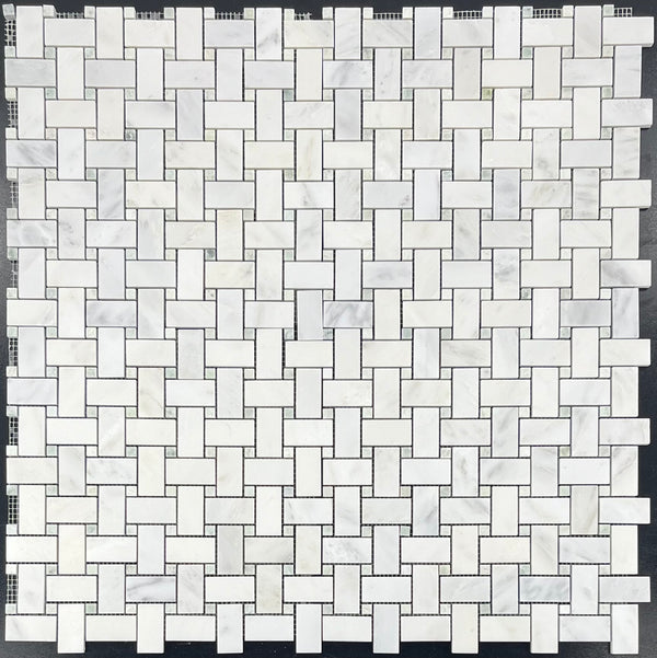 Pearl White Basketweave with 3/8" Ming Green Dot Mosaic Honed