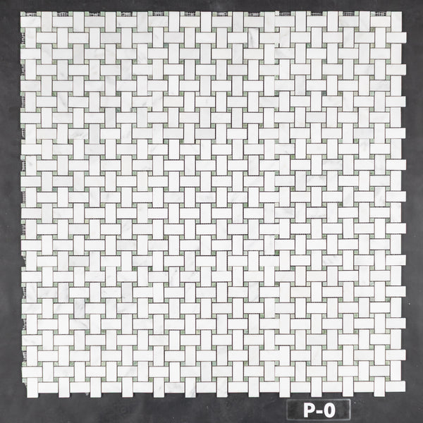 Tejido de cesta blanco perla con mosaico de punto verde Ming de 3/8" pulido