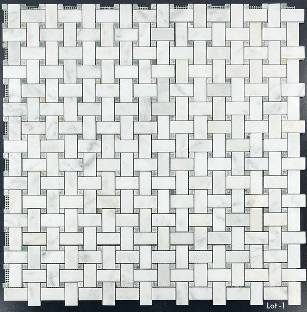Pearl White Basketweave with 3/8" Ming Green Dot Mosaic Polished
