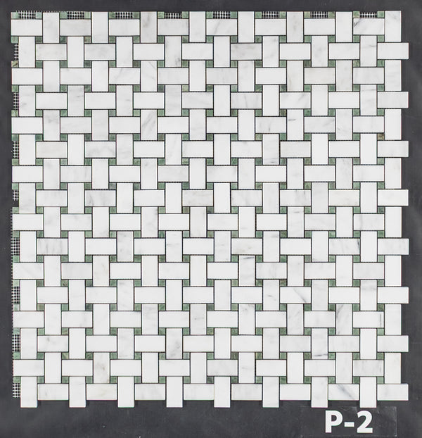 Pearl White Basketweave with 3/8" Ming Green Dot Mosaic Polished