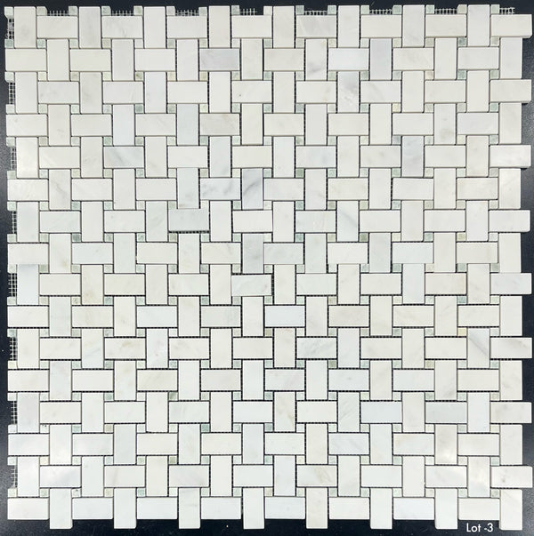 Pearl White Basketweave with 3/8" Ming Green Dot Mosaic Polished