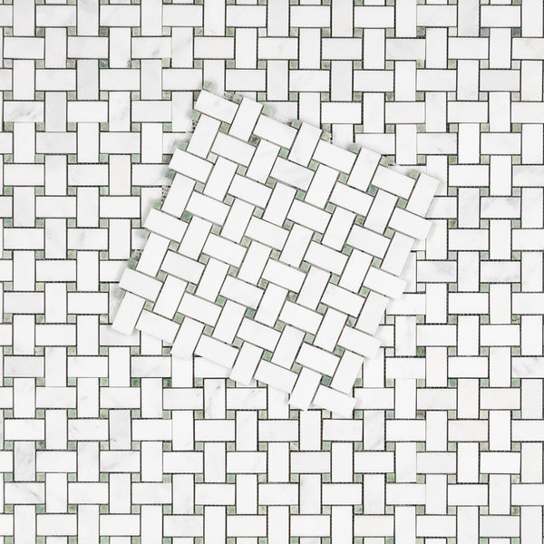 Pearl White Basketweave with 3/8" Emerald Green Dot Mosaic Polished - Elon Tile & Stone