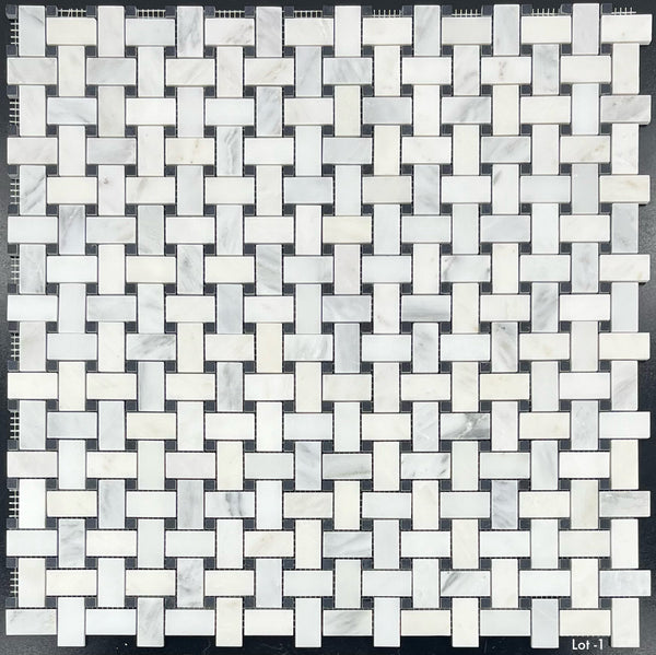 Pearl White Basketweave with 3/8" Black Dot Mosaic Honed