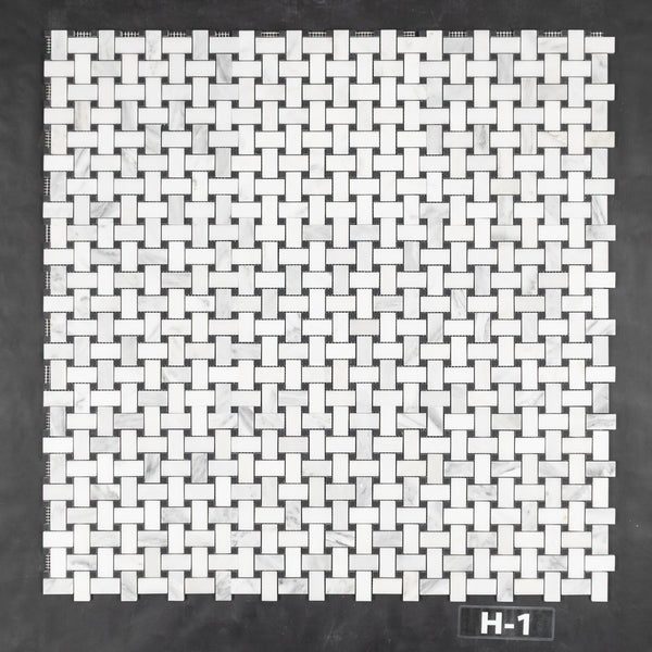 Tejido de cesta blanco perla con mosaico de puntos negros de 3/8" pulido