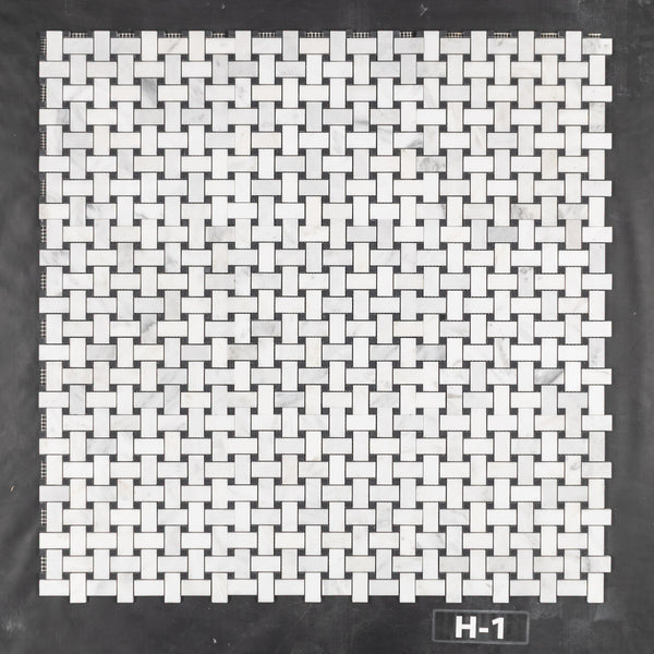 Pearl White Basketweave with 3/8" Black Dot Mosaic Honed - Elon Tile & Stone