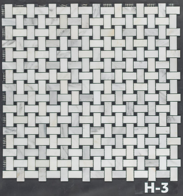 Pearl White Basketweave with 3/8" Black Dot Mosaic Honed