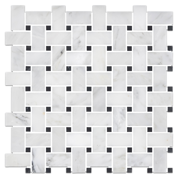 Tejido de cesta blanco perla con mosaico de puntos negros de 3/8" pulido