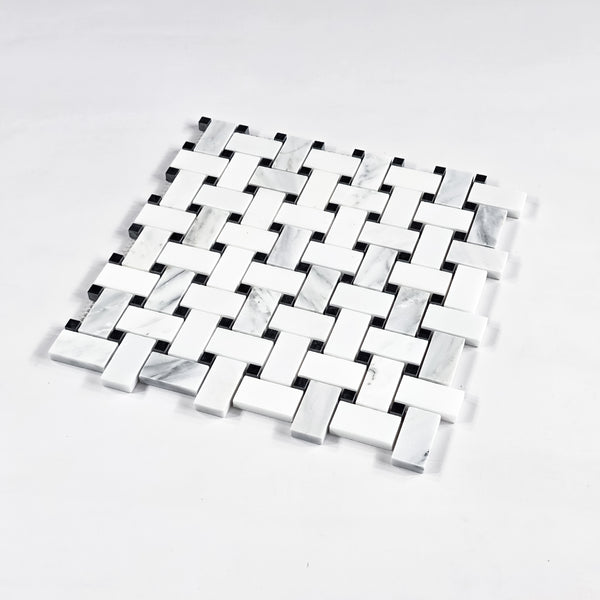 Pearl White Basketweave with 3/8" Black Dot Mosaic Honed - Elon Tile & Stone