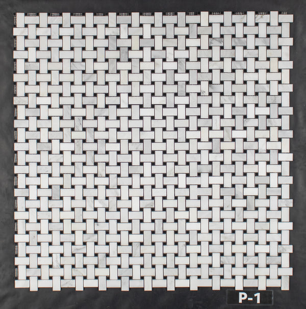 Pearl White Basketweave with 3/8" Black Dot Mosaic Polished - Elon Tile & Stone