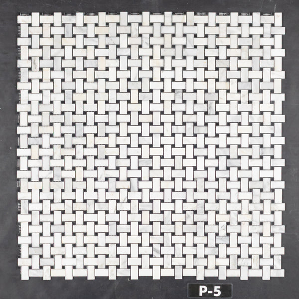 Pearl White Basketweave with 3/8" Black Dot Mosaic Polished - Elon Tile & Stone