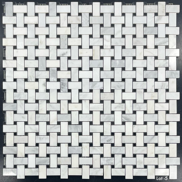 Pearl White Basketweave with 3/8" Black Dot Mosaic Polished - Elon Tile & Stone