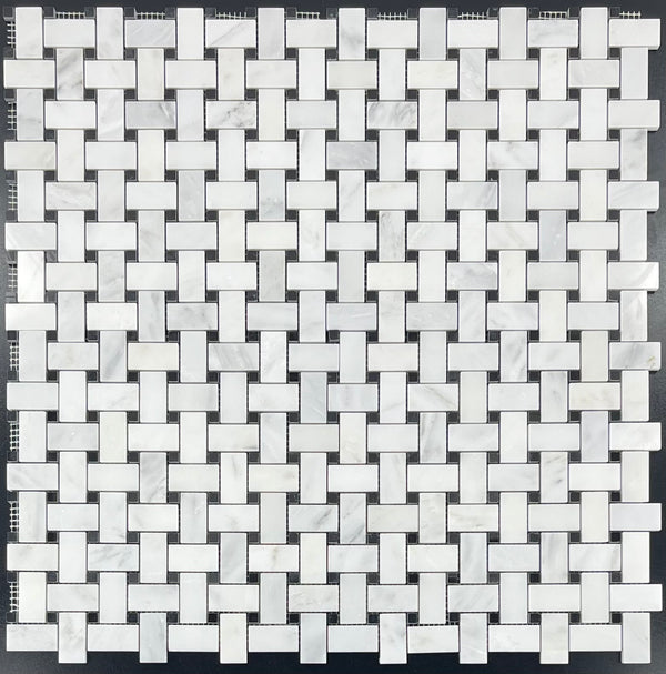 Tejido de cesta blanco perla con mosaico de puntos negros de 3/8" pulido