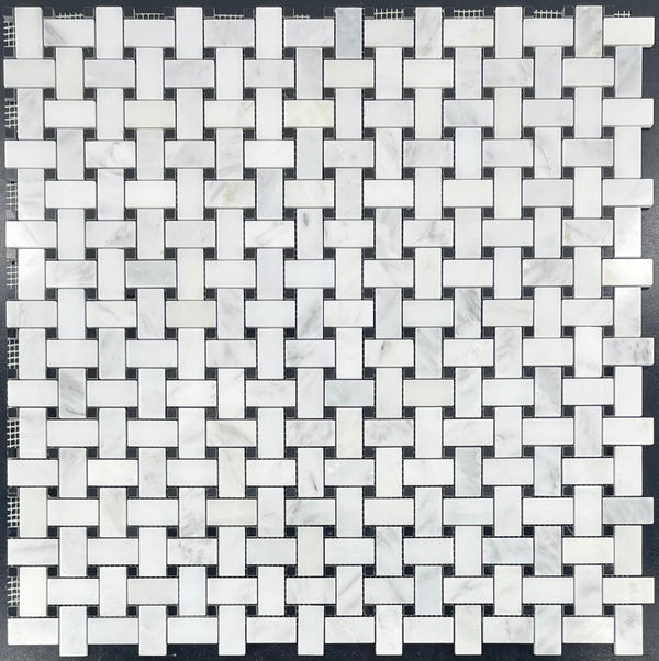 Pearl White Basketweave with 3/8" Black Dot Mosaic Polished