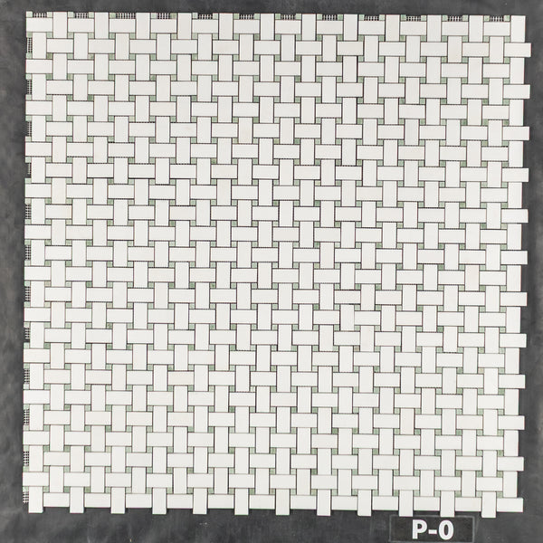 White Thassos Basketweave with 3/8" Ming Green Dot Mosaic Polished
