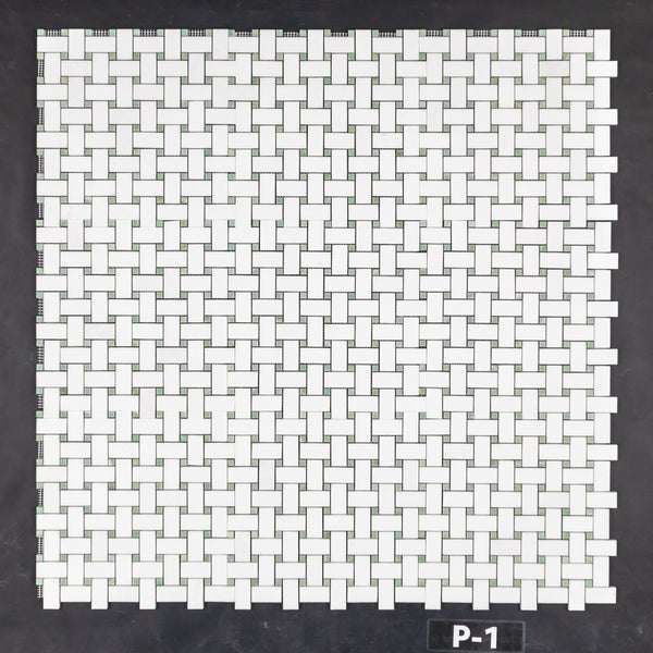 White Thassos Basketweave with 3/8" Emerald Green Dot Mosaic Polished - Elon Tile & Stone