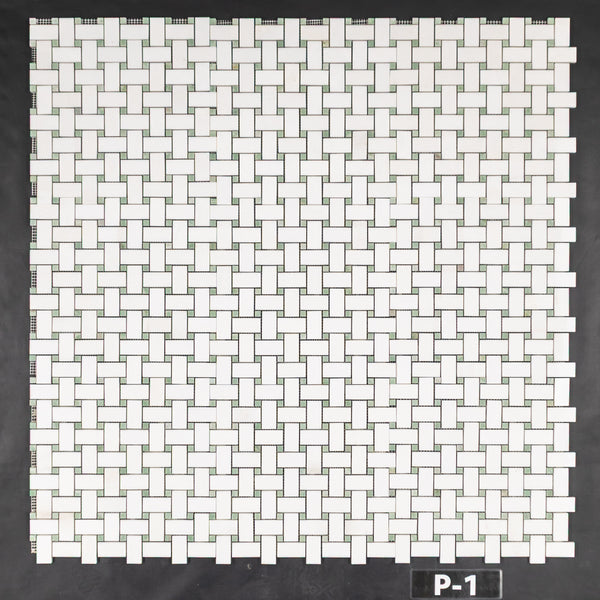 White Thassos Basketweave with 3/8" Ming Green Dot Mosaic Polished