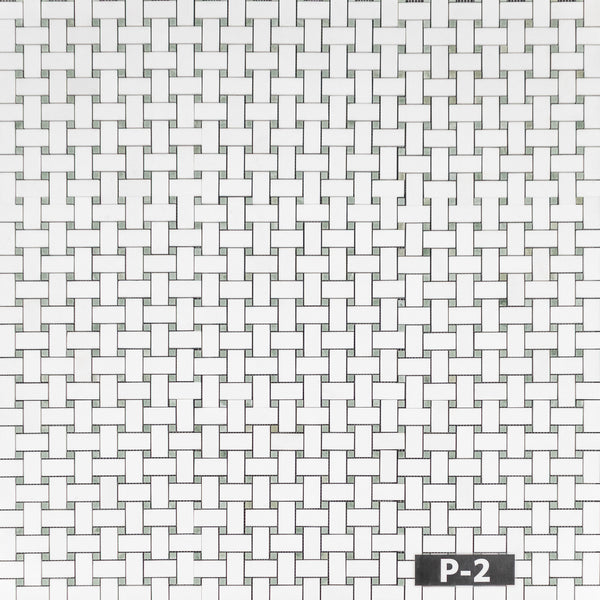 White Thassos Basketweave with 3/8" Emerald Green Dot Mosaic Polished - Elon Tile & Stone