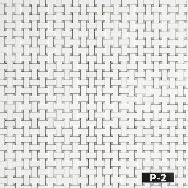 White Thassos Basketweave with 3/8" Emerald Green Dot Mosaic Polished