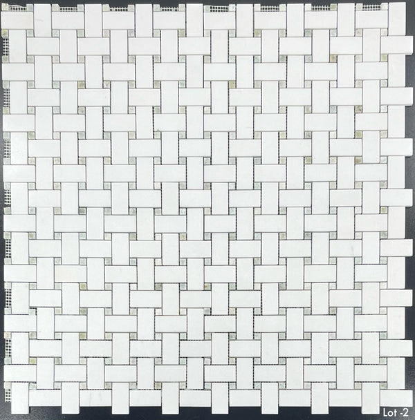 Tejido de cesta Thassos blanco con mosaico de punto verde Ming de 3/8" pulido