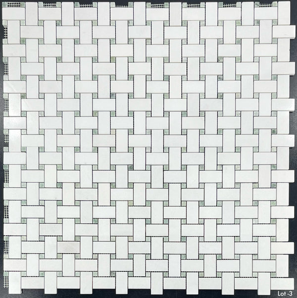 White Thassos Basketweave with 3/8" Ming Green Dot Mosaic Polished