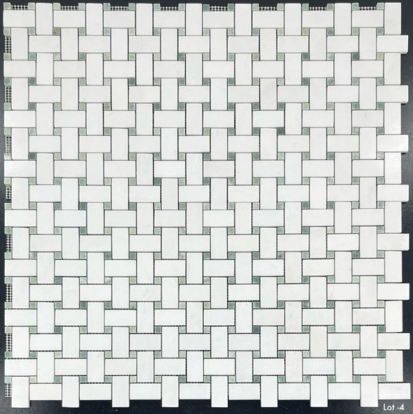 White Thassos Basketweave with 3/8" Ming Green Dot Mosaic Polished