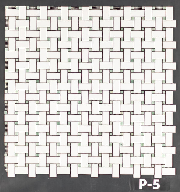 White Thassos Basketweave with 3/8" Ming Green Dot Mosaic Polished