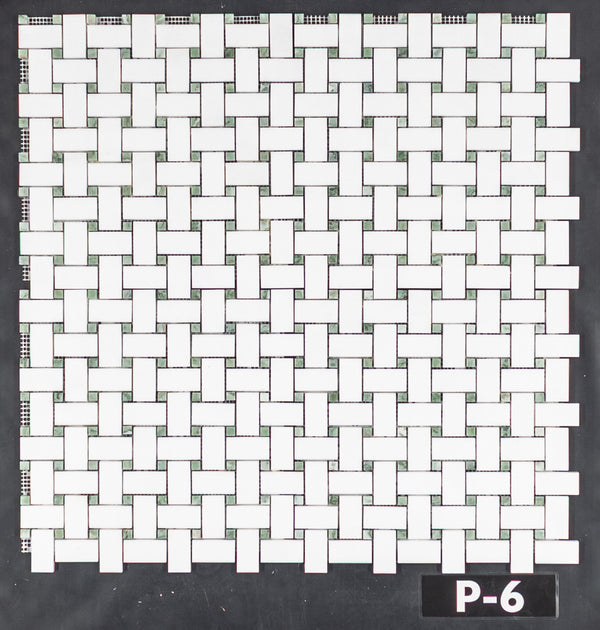 White Thassos Basketweave with 3/8" Ming Green Dot Mosaic Polished