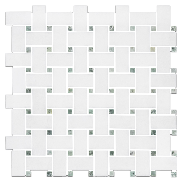 White Thassos Basketweave with 3/8" Ming Green Dot Mosaic Polished