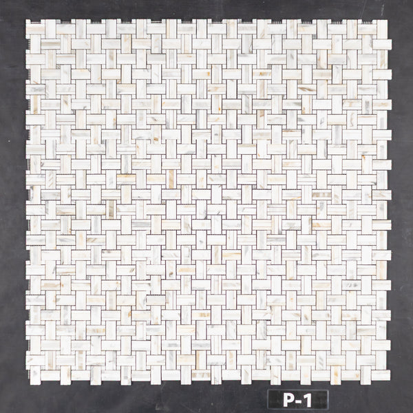 Calacatta Gold Tri-Weave with 3/8" Calacatta Gold Dot Mosaic Polished
