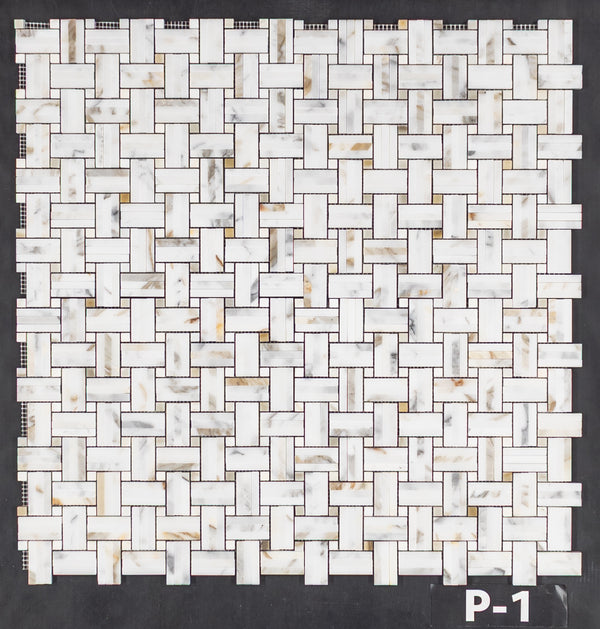 Calacatta Gold Tri-Weave with 3/8" Calacatta Gold Dot Mosaic Polished