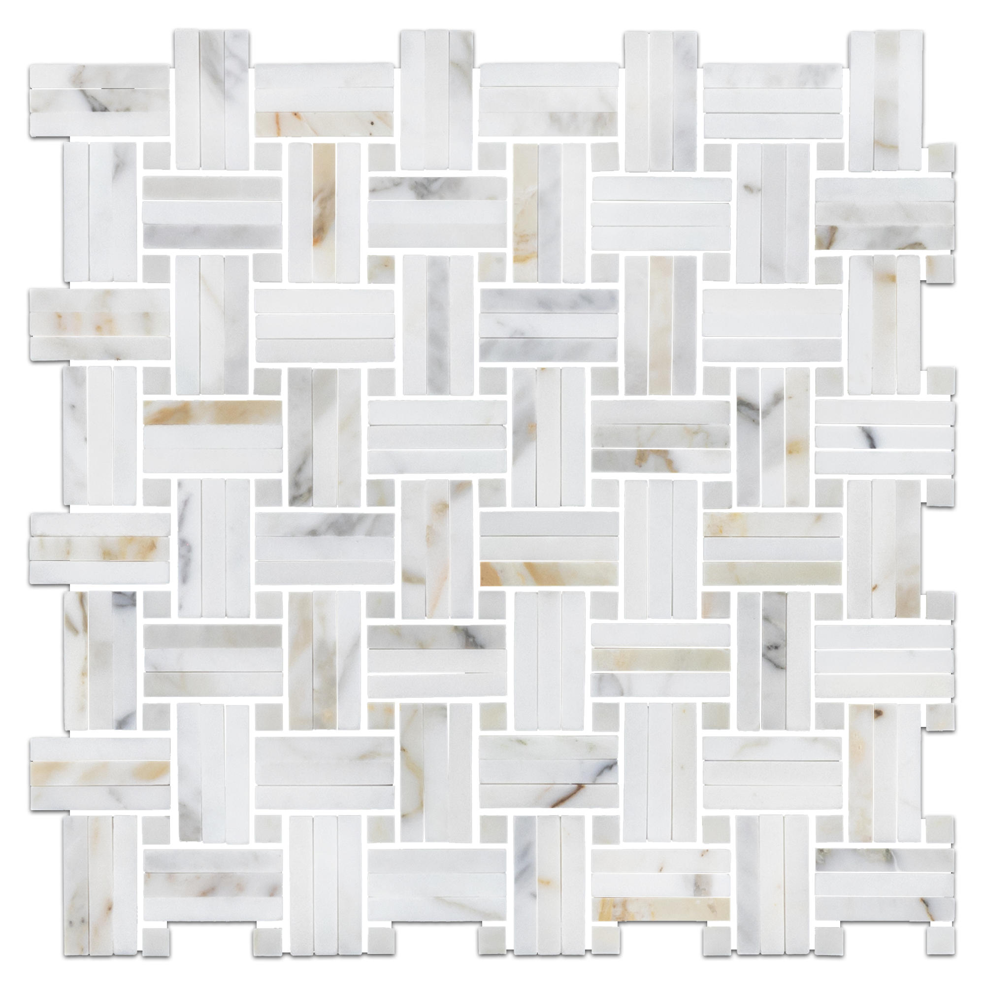 Calacatta Gold Tri-Weave with 3/8" Calacatta Gold Dot Mosaic Polished