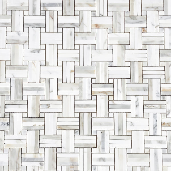 Calacatta Gold Tri-Weave con mosaico Calacatta Gold Dot de 3/8" pulido