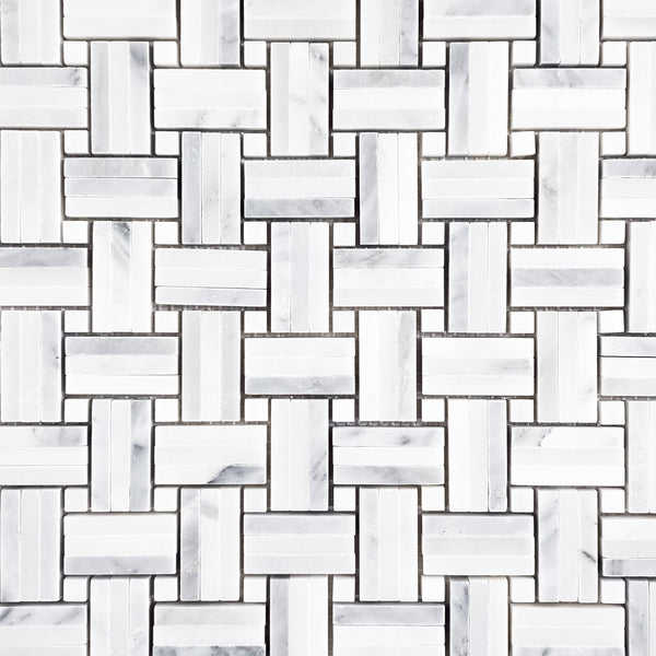 Pearl White Tri-Weave with 3/8" Pearl White Dot Mosaic Honed - Elon Tile & Stone