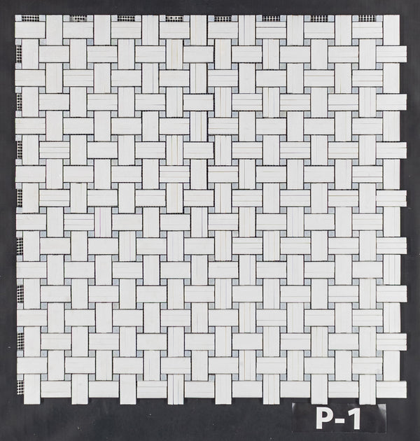 Tri-Weave Thassos blanco con mosaico de punto azul Celeste de 3/8" pulido