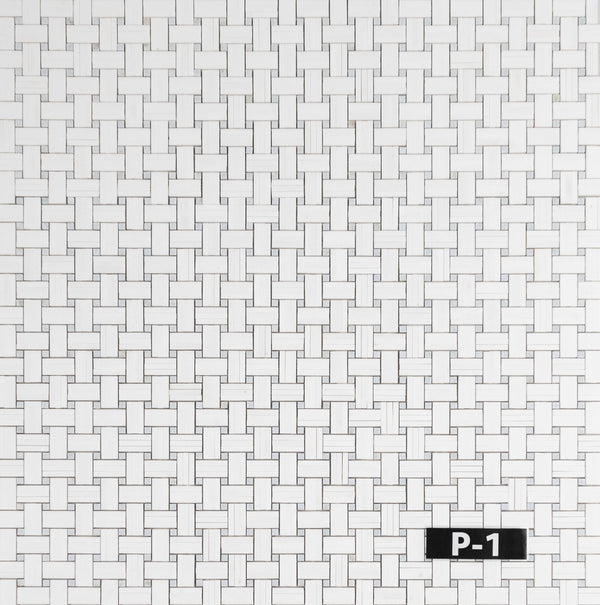 White Thassos Tri-Weave with 3/8" Blue Celeste Dot Mosaic Polished