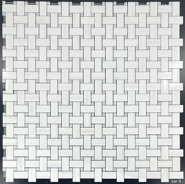 White Thassos Tri-Weave with 3/8" Blue Celeste Dot Mosaic Polished