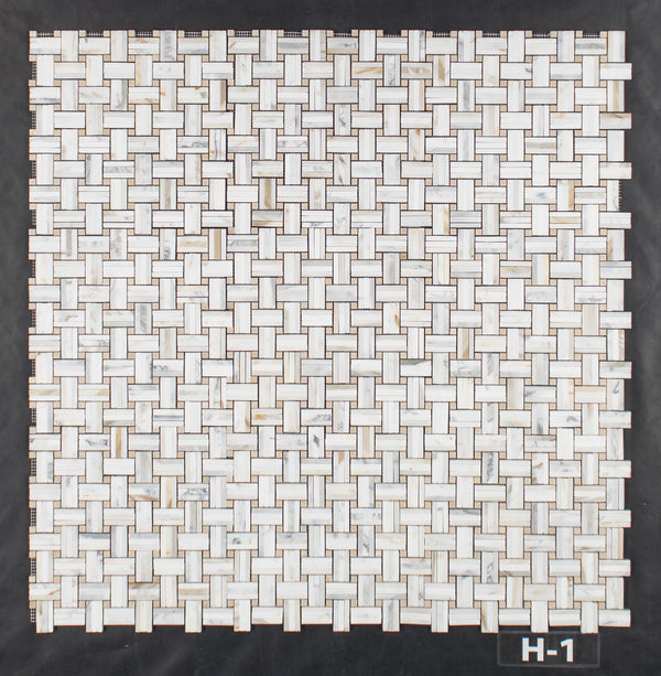 Calacatta Tri-Weave with 3/8" Crema Marfil Dot Mosaic Honed