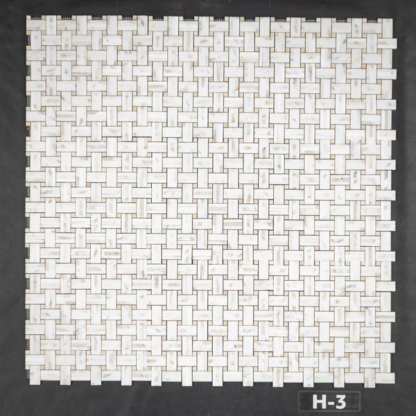 Calacatta Tri-Weave with 3/8" Crema Marfil Dot Mosaic Honed
