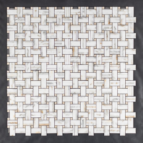 Calacatta Tri-Weave with 3/8" Crema Marfil Dot Mosaic Honed