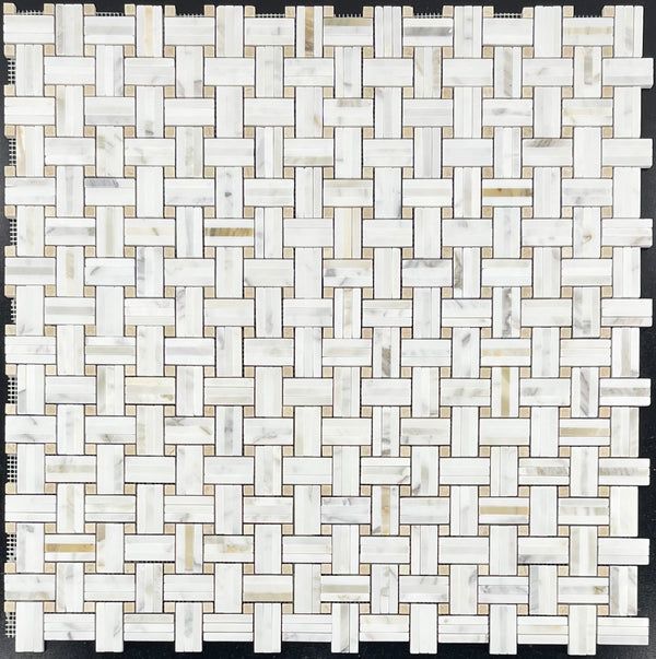Calacatta Tri-Weave with 3/8" Crema Marfil Dot Mosaic Honed