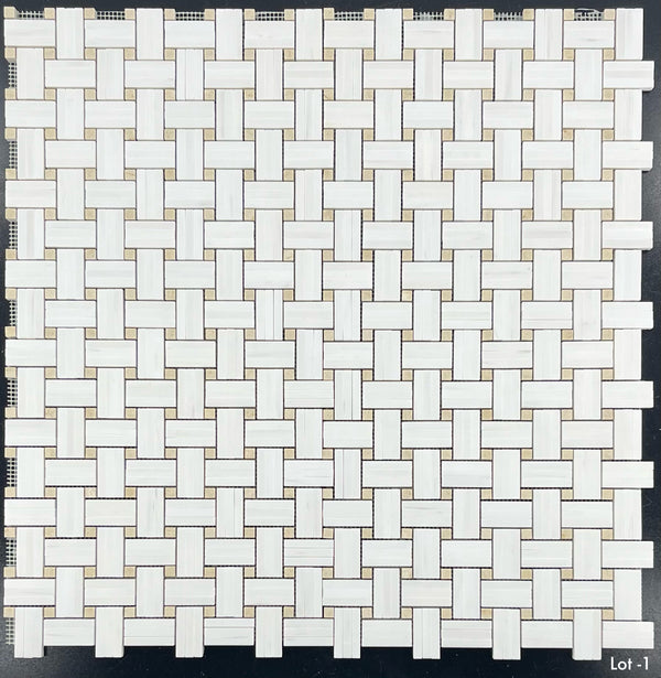 Dolomite Tri-Weave with 3/8" Crema Marfil Dot Mosaic Honed